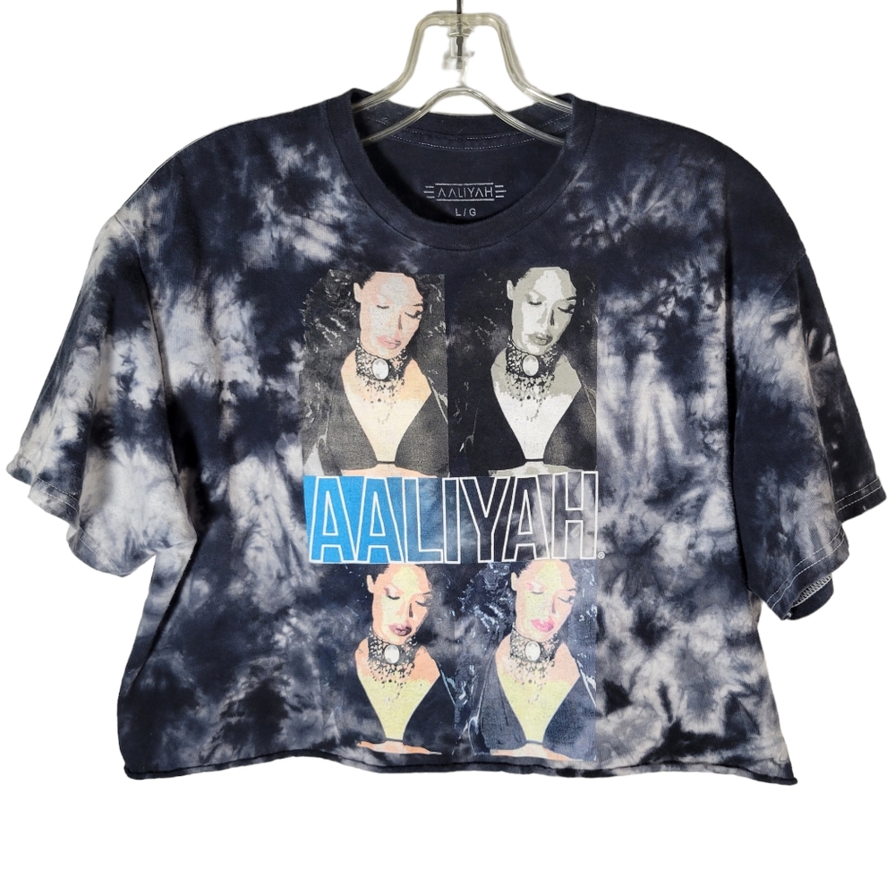 Vtg Aaliyah black and gray tie dye cropped t-shirt Size Large